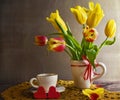 Still life bouquet yellow tulips hearts Royalty Free Stock Photo