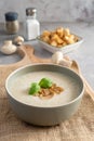 Still life from a bowl with mushroom soup, croutons, salt and pepper