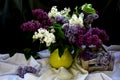 Still life with branches of a colorful lilac tree in a clay vase Royalty Free Stock Photo