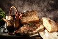 Still life bread in basket and bottle of wine Royalty Free Stock Photo