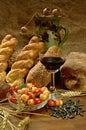 Still life with bread, cherrys, and wine Royalty Free Stock Photo