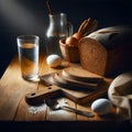 Still life. Bread, glass and egg. Royalty Free Stock Photo