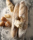 Still life bread from the oven on the table with flour. Royalty Free Stock Photo