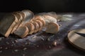 still life with bread and wheat on wooden table Royalty Free Stock Photo