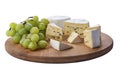 Still life of brie cheese and grapes on a wooden board isolated on a white background. Side view Royalty Free Stock Photo
