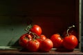 Still Life with a bunch of natural grown Tomatoes. Rustic wood background, antique wooden table Royalty Free Stock Photo