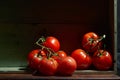 Still Life with a bunch of natural grown Tomatoes. Rustic wood background, antique wooden table Royalty Free Stock Photo