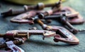 Still life of c-clamps on a wood table Royalty Free Stock Photo