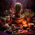 Still life with cactus, succulents and candles in oriental style Royalty Free Stock Photo