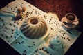 Still life with cake,coffee and coffee beans in vintage style.