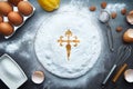 Still life of cake with ingredients, eggs, flour, lemon, almond and cinnamon. Santiago cake