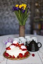 Still-life with cake with whipped cream, strawberry and  marshmallow Royalty Free Stock Photo