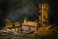 Still life with carpentry tools, bench planes , wood carving chisel Royalty Free Stock Photo