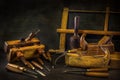 Still life with carpentry tools, bench planes , wood carving chisel