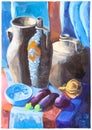 Still life with ceramic jugs and eggplants on blue Royalty Free Stock Photo