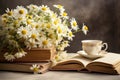 Still life with chamomile flowers, books and cup of coffee, beautiful composition with chamomile flowers in Cup, old book, AI Royalty Free Stock Photo