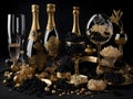 Still life with champagne, grapes and wine glasses on black background. generative ai