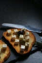 Still life with cheese on a dark background