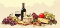 Still life with cheese, nuts and wine against the backdrop of Italian vineyards