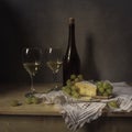 Still Life Cheese, wine, grapes Royalty Free Stock Photo