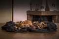 Still life of chestnuts on table with fireplace in the background