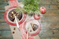 Still life with chocolate cake, Christmas tree and pomegranate Royalty Free Stock Photo