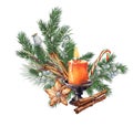 Still life with a Christmas candle, tangerines, Christmas gingerbread, cinnamon and fir branches, orange berries, bells