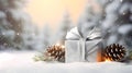 Still life with Christmas gift with silver ribbon, pine cones and branches.