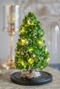 Modern christmas decoration table display. Cute little festive glas Cloche filled with green hydrangea flowers Royalty Free Stock Photo