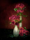 Still life with chrysanthemums and frosted glass vases. Chiaroscuro Italian style.