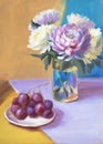 Still life with chrysanthemums and grapes, oil painting