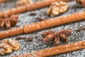 Still-life of cinnamon, star anise and walnut on magic Christmas holiday on wooden background Royalty Free Stock Photo