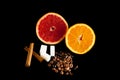 stiil life of citrus and coffee on black background Royalty Free Stock Photo