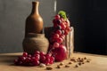 Still life with a clay pot and grapes and an apple Royalty Free Stock Photo