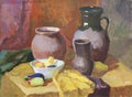 Still life with clay pottery and vegetables gouache painting