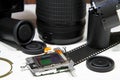 Still life with Cmos sensor, broken camera lens, camera film Royalty Free Stock Photo