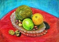 Still life with coconut. Drawing with oil pastels. Handwork. Royalty Free Stock Photo