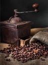 Coffee beans and vintage coffee grinder. Roasted coffee beans in a vintage setting. Dark still life Royalty Free Stock Photo