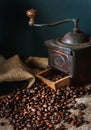 Coffee beans and vintage coffee grinder. Roasted coffee beans in a vintage setting. Dark still life Royalty Free Stock Photo