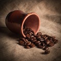 Still-life of coffee grains on fabric