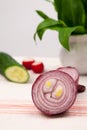 Still life composition with bear's garlic (Allium Ursinum), sliced onion, cucumber and radishes Royalty Free Stock Photo