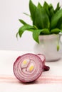 Still life composition with bear's garlic (Allium Ursinum) and sliced onion Royalty Free Stock Photo