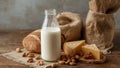 Still Life Composition Featuring Dairy, Grains, and Nuts, with Rustic Textures. Royalty Free Stock Photo