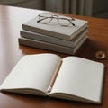 Open Notebook, Stacked Books, and Reading Glasses on Wooden Desk Royalty Free Stock Photo
