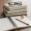 Study Essentials: Books, Glasses, Notebook, and Pencil Royalty Free Stock Photo