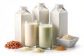 Assortment of Plant- Based Milks and Ingredients on White Background almond milk soy milk Royalty Free Stock Photo