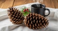 Two Pine Cones and a Cup of Hot Coffee with Steam on a White Cloth image photo Royalty Free Stock Photo