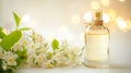 Still life composition with perfume bottle and jasmine flowers