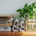 Recycling Station: Cardboard, Newspapers, and Glass Bottles with a Potted Plant Royalty Free Stock Photo