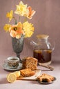 Still life, concept of early spring breakfast with coffee or tea and cupcake Royalty Free Stock Photo